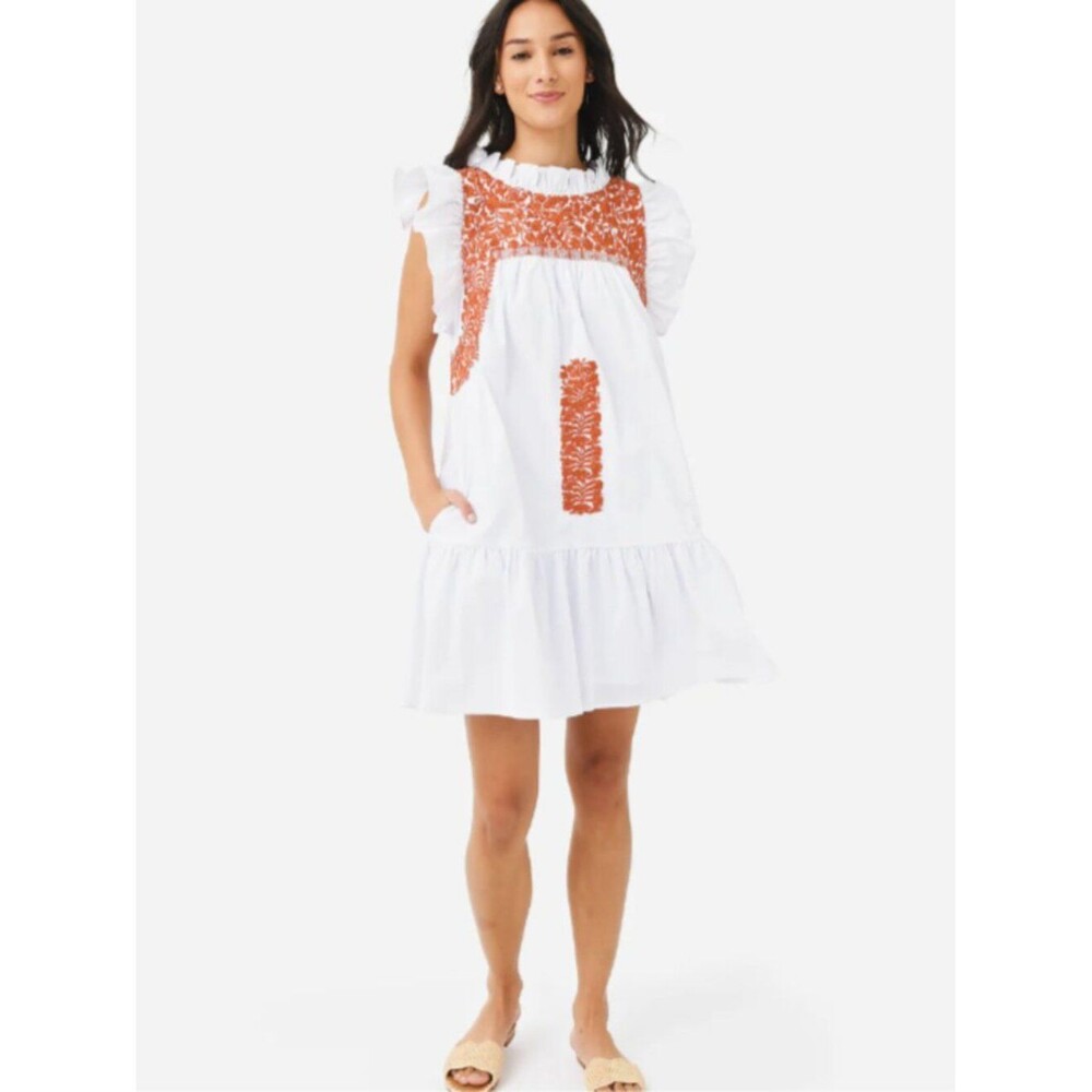 J. Marie Noel Women’s S White Embroidered Cotton Ruffle Sleeve Mini Dress